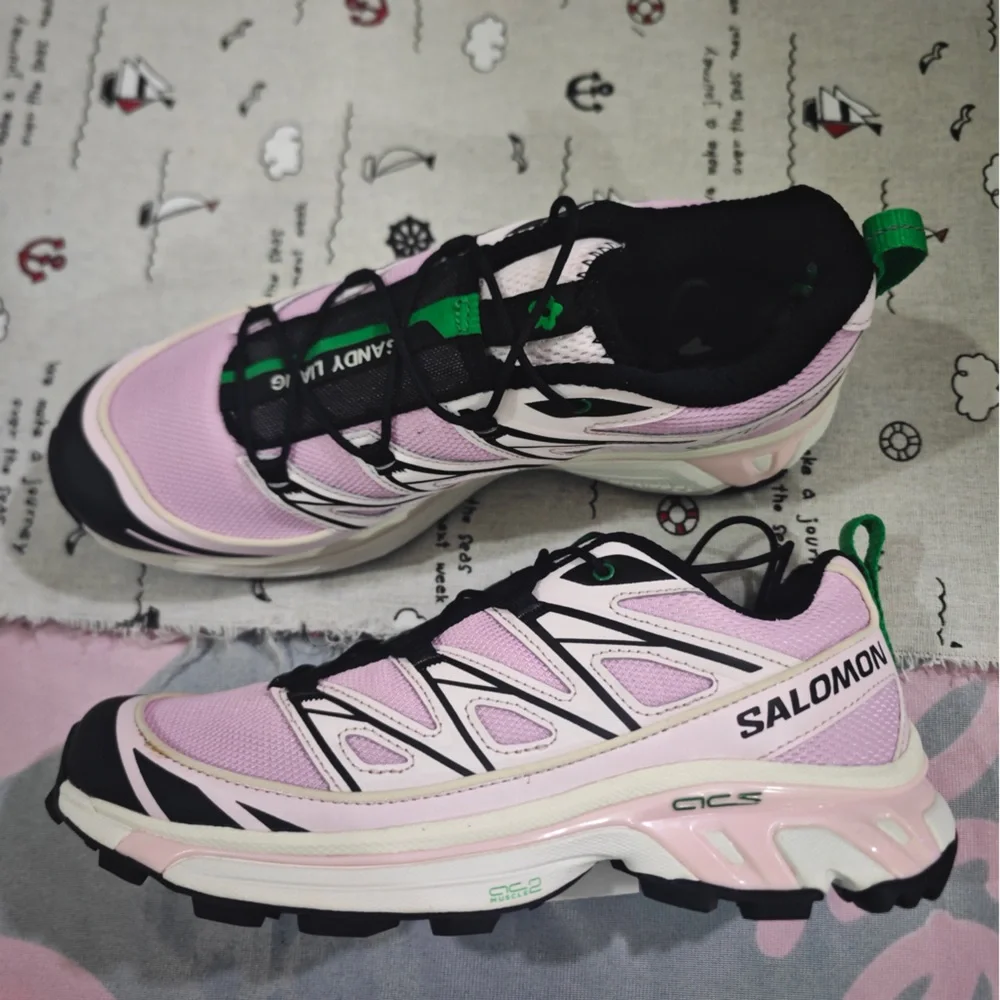 Salomon Pink and Black Women's Trail Sneakers with Green Pull Tabs